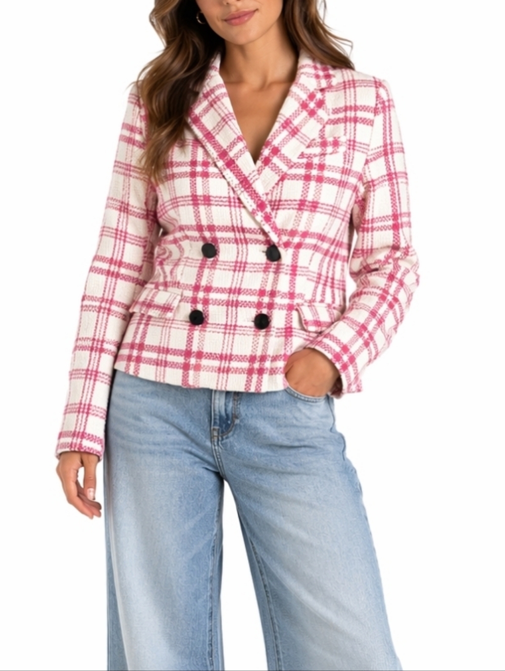 Rachel Zoe Hot Pink and White Tweed Plaid Double Breasted Jacket Blazer